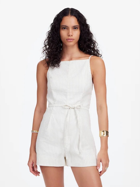 Madewell Sleeveless Square-Neck Pleated Romper Ivory Black Pinstripe Size 10 Nwt